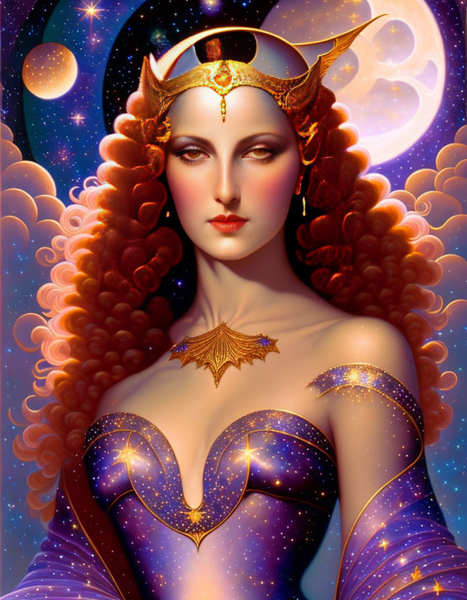 Fantasy illustration of woman with red curly hair and celestial headpiece.