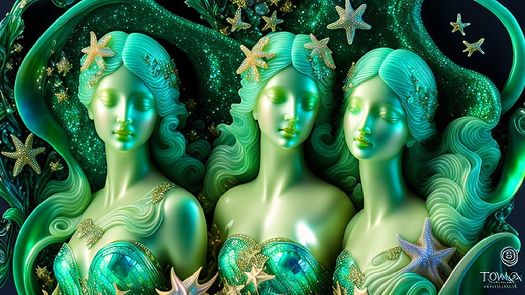 Stylized serene female figures with green hair and marine elements on dark starry background