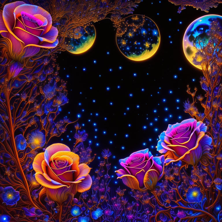 Colorful neon art: Radiant roses, intricate branches, moons, starry backdrop