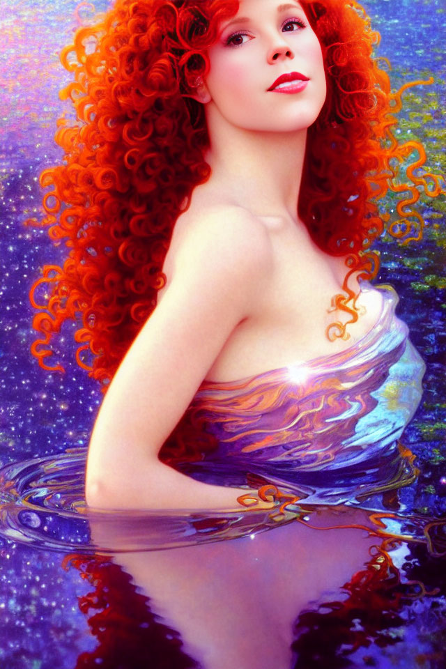 Vibrant red-haired woman in water with colorful garment under starry sky