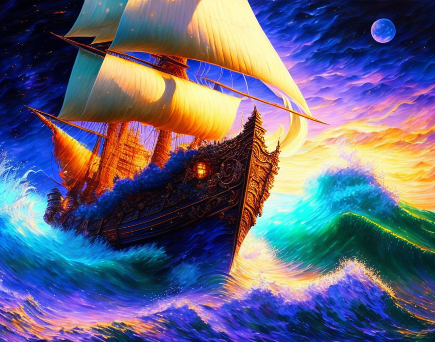 Vibrant painting of ornate sailing ship on tumultuous sea at night