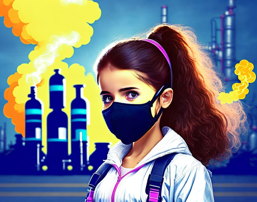 Ponytailed woman in mask against industrial backdrop with yellow smoke