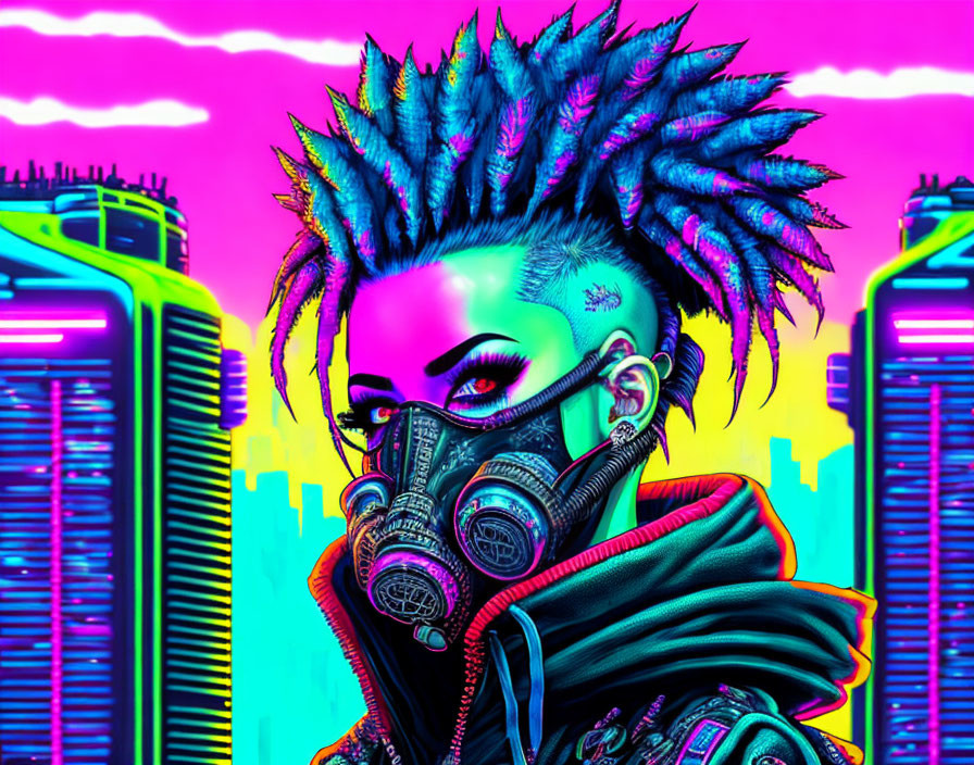 Cyberpunk-inspired illustration with figure in gas mask and neon cityscape