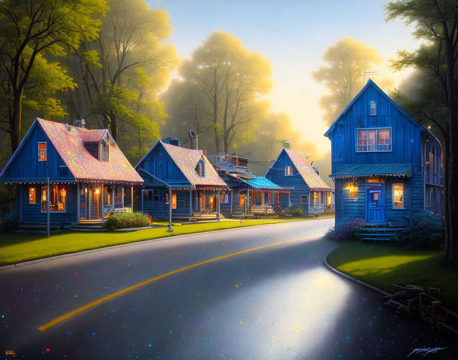 Tranquil Street Scene: Blue Houses, Twinkling Lights, Golden Mist