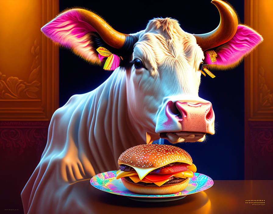 Stylized cow with large horns and cheeseburger on plate against dark background