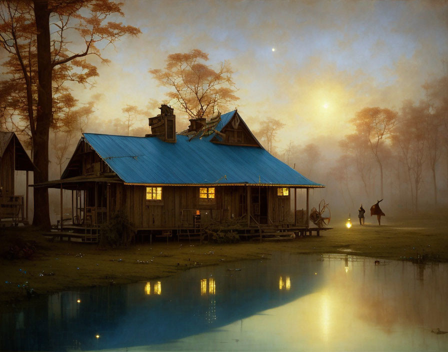 Rustic house by pond at twilight with lantern-carrying person