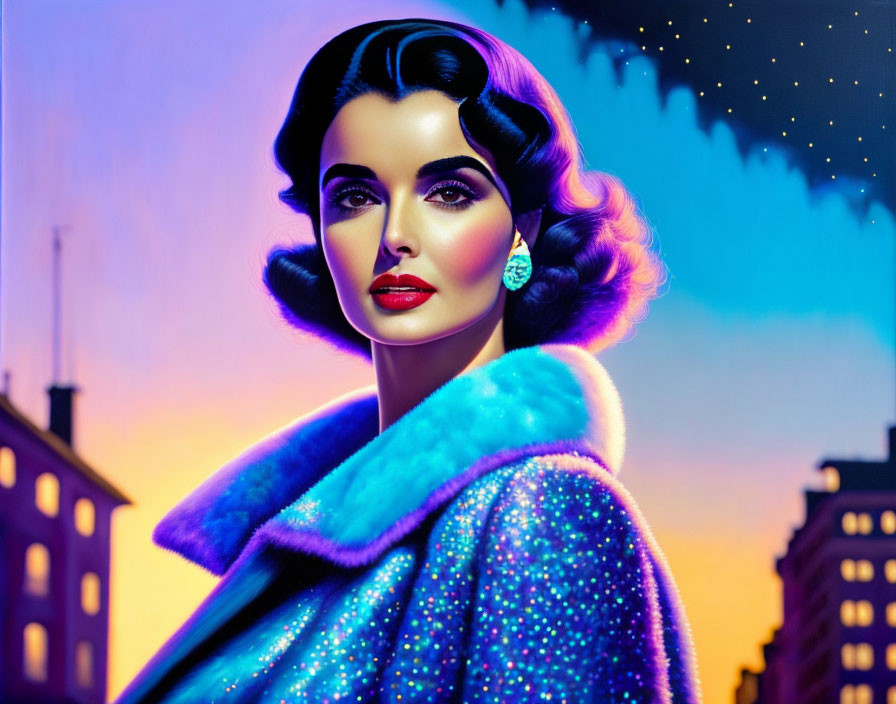Stylized portrait of woman in blue fur coat against purple cityscape