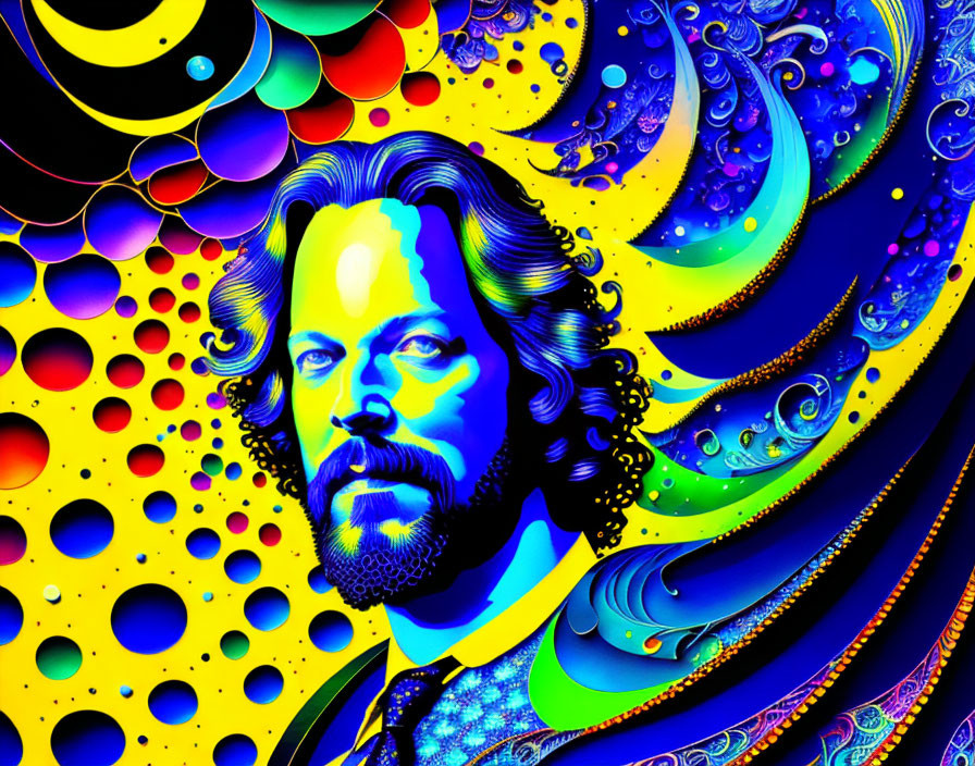 Colorful Psychedelic Portrait of Bearded Man in Abstract Patterns