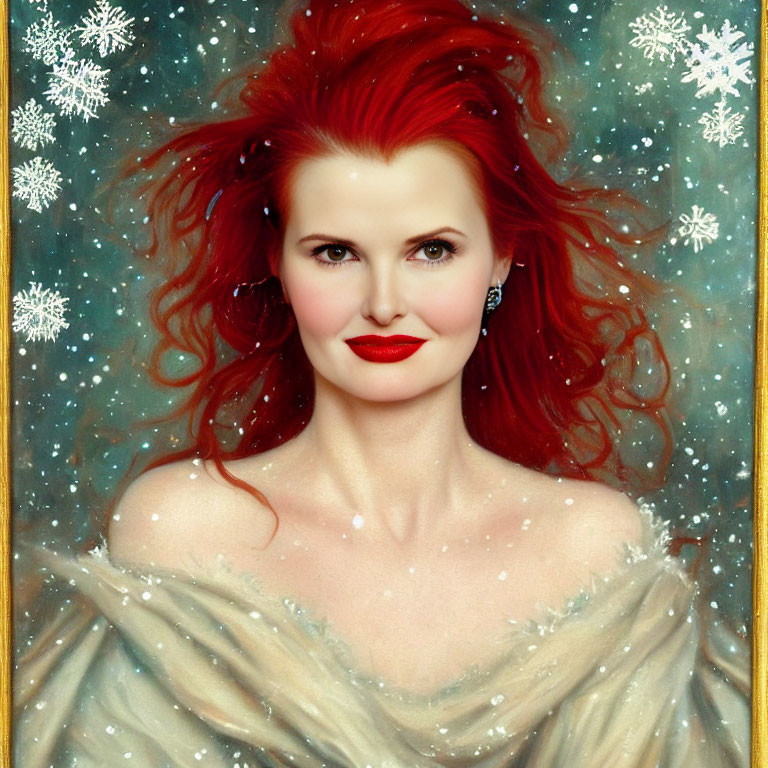 Portrait of Woman with Red Hair and Lipstick in Snowflake Surroundings