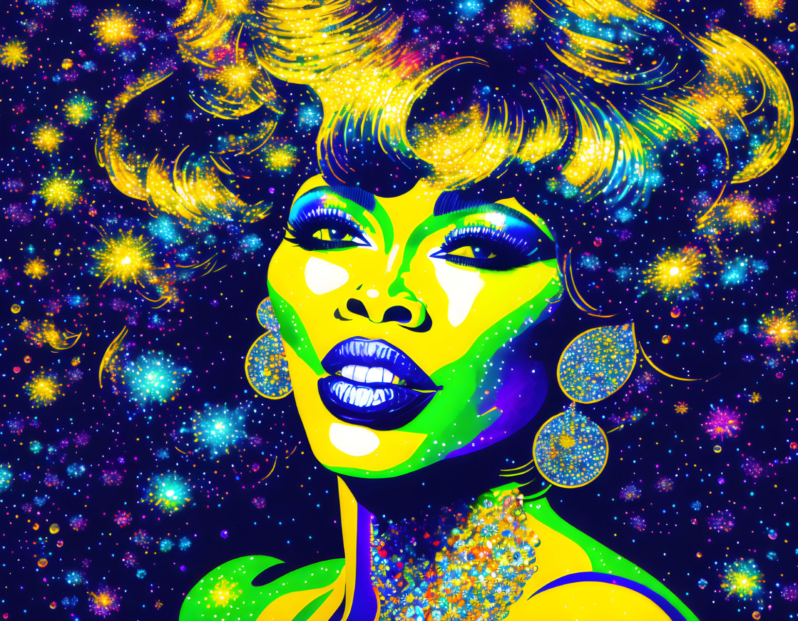 Colorful Pop Art Style Portrait with Exaggerated Features and Cosmic Background