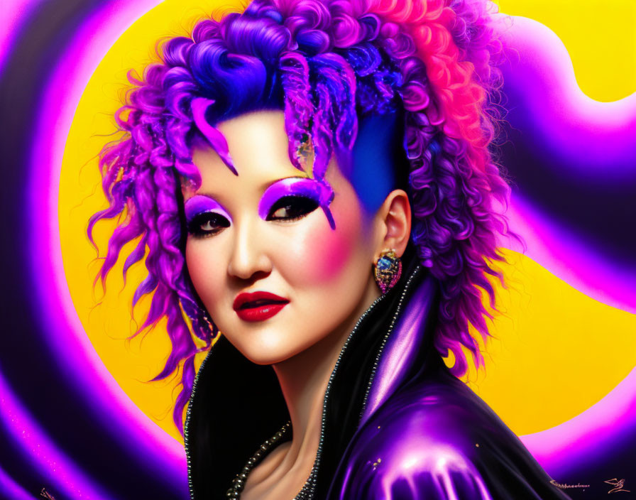 Vibrant purple hair and bold makeup on person against abstract background