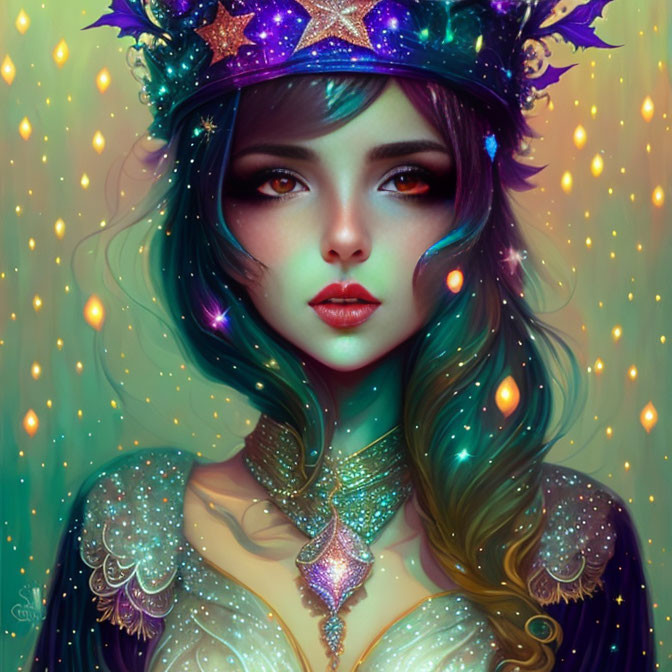 Fantasy digital artwork: Sparkling teal hair, cosmic crown, mystical lights