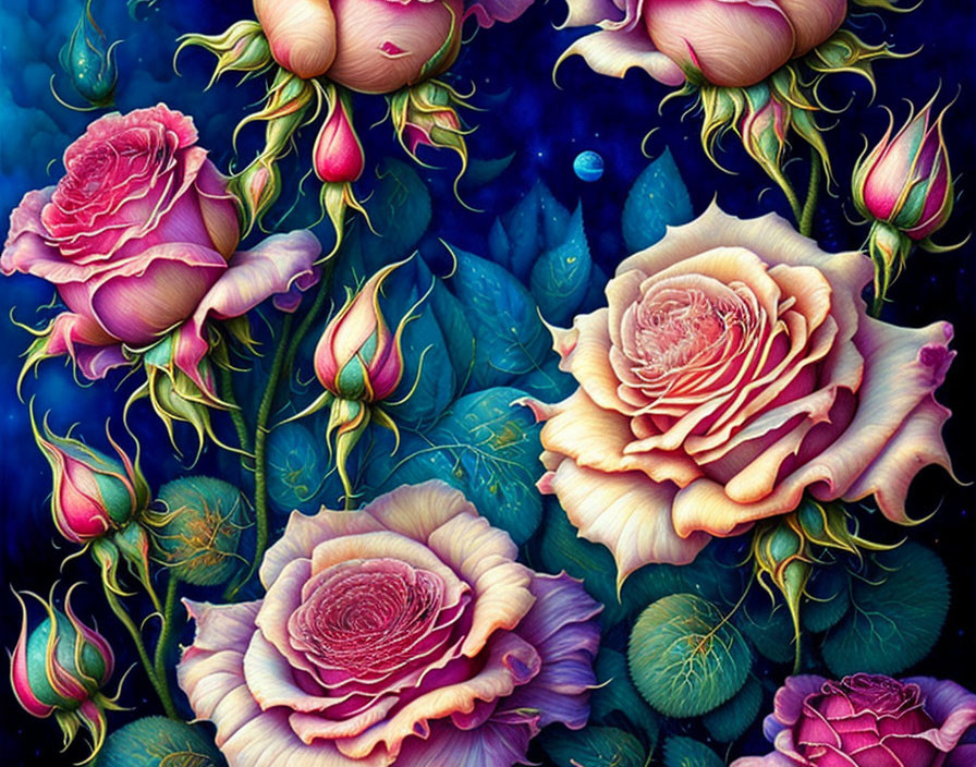 Vibrantly colored roses with intricate petals on a dark background