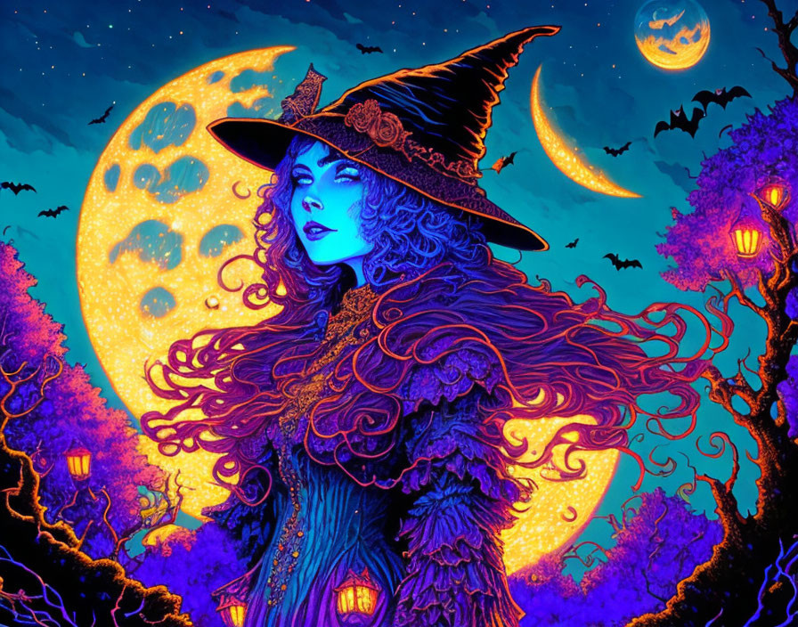 Colorful witch illustration under full moon in mystical landscape