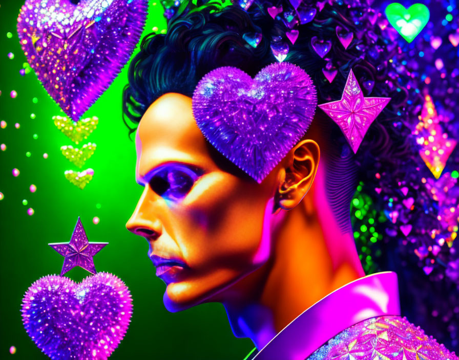 Vibrant purple skin person with heart and star accessories on colorful background