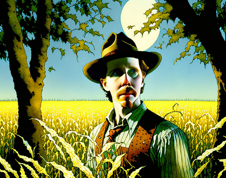 Man with mustache in hat standing in field with moon and trees.