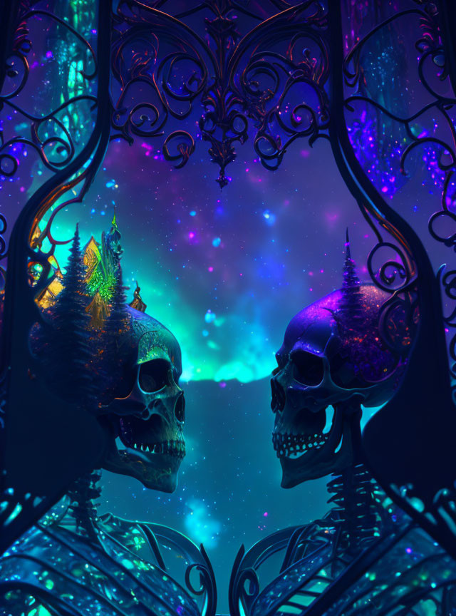 Decorated skulls in gothic frames under cosmic night sky