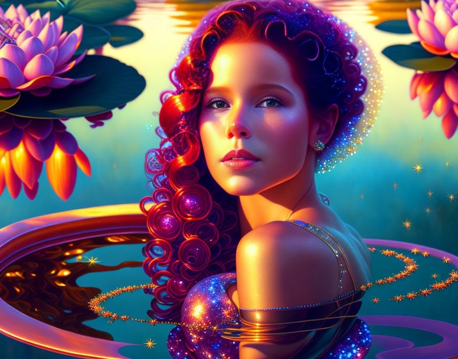Illustration of Woman with Curly Red Hair Surrounded by Water Lilies and Sparkling Lights