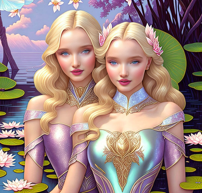 Identical fantasy women in purple gowns on water lily backdrop