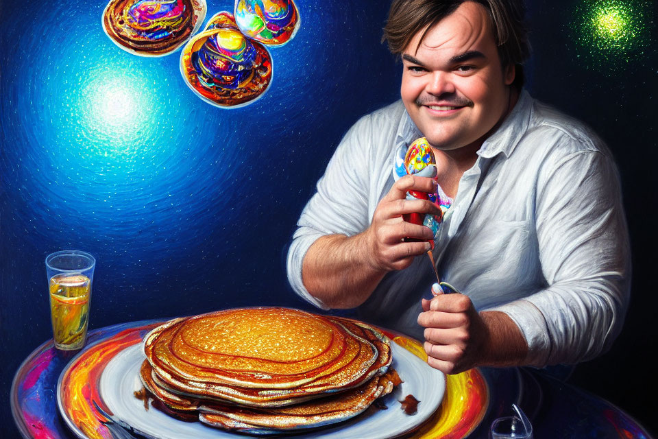 Person pouring syrup on pancakes with cosmic background and colorful orbs