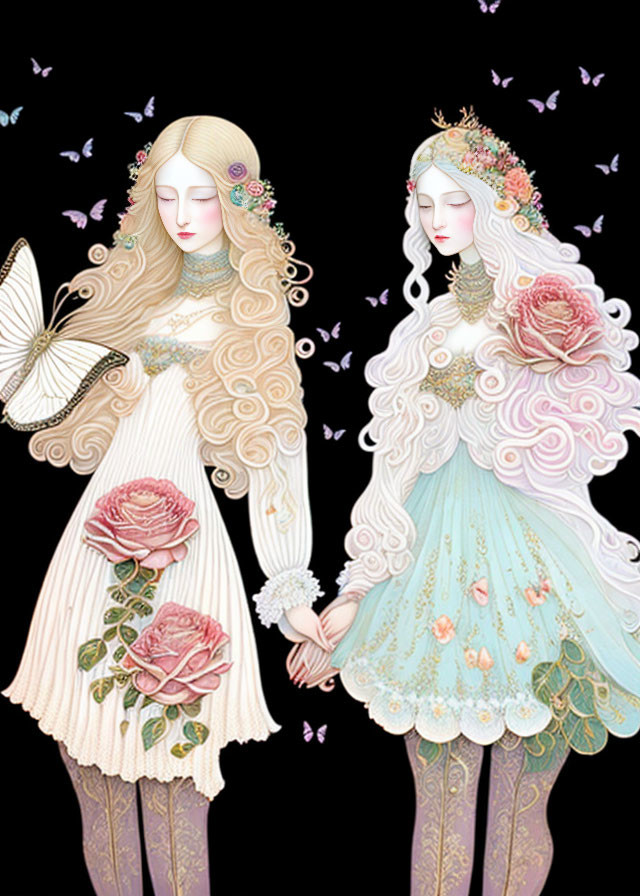 Ethereal women with floral and butterfly adornments in pale dresses