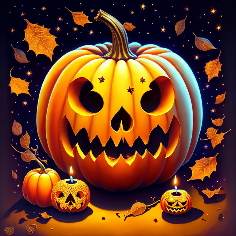 Glowing Jack-o'-lantern with Starry Eyes and Pumpkin Candle in Dark Setting