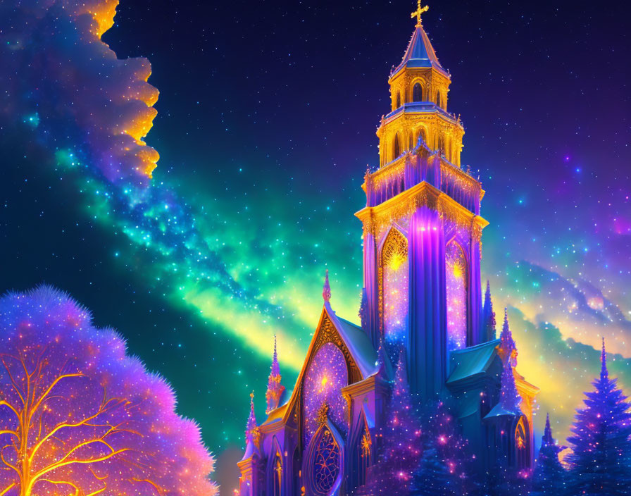 Glowing church tower in vibrant northern lights scene