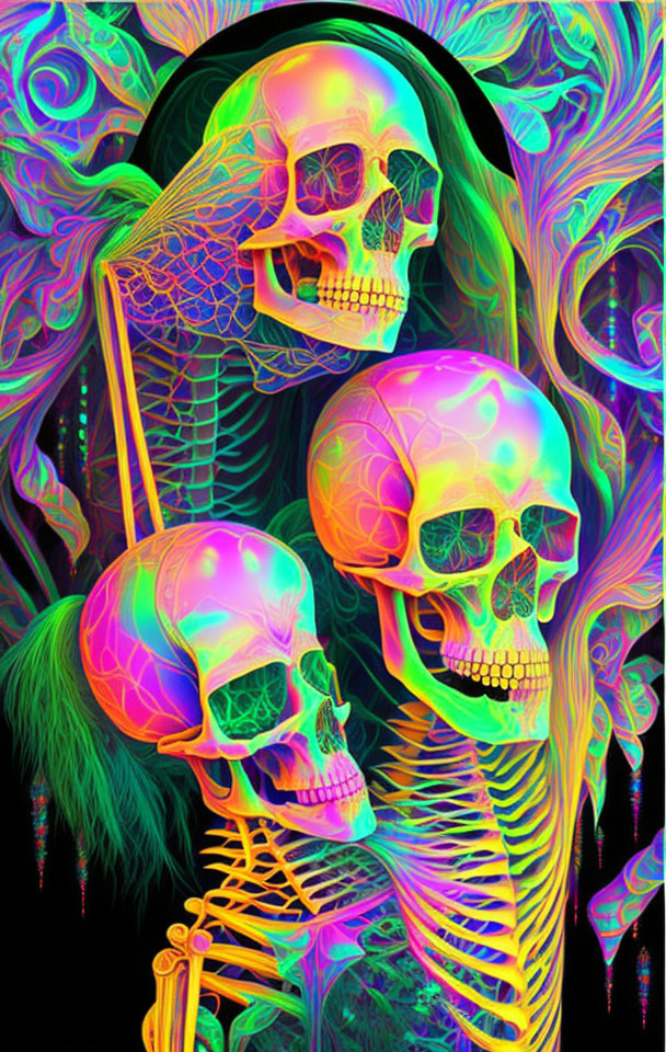 Colorful digital artwork: Psychedelic patterns with neon skulls & silhouette