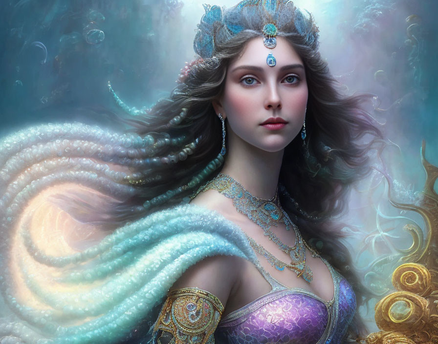 Fantasy portrait of woman with intricate headdress and luminescent tentacle-like structure