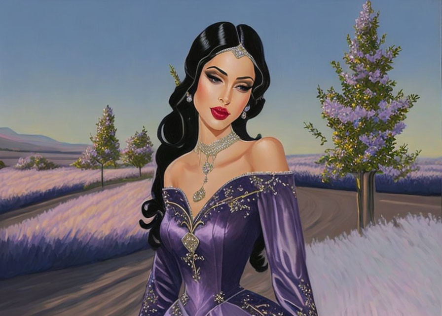 Animated woman in purple dress with lavender fields at sunset