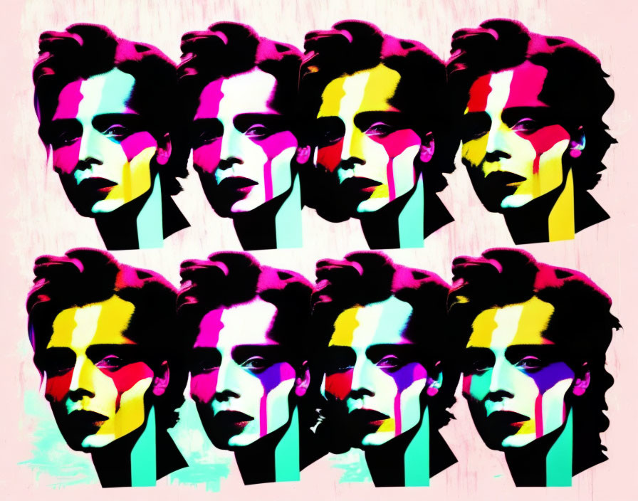 Colorful Pop Art Style Collage of Repeated Portraits on Pink Background