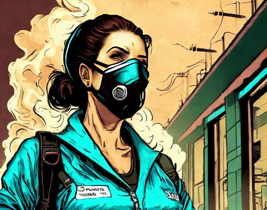 Woman in Gas Mask with Blue Jacket in Fiery Cityscape