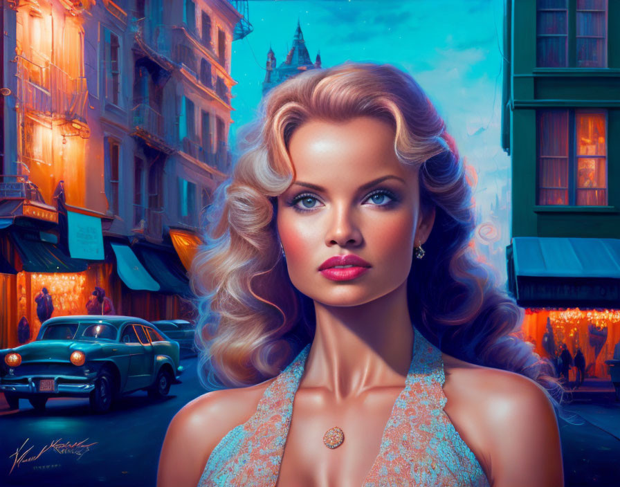 Blonde woman with blue eyes in digital art against vintage cityscape