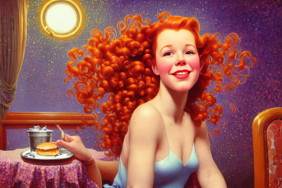 Red-haired woman with curly hair smiles by porthole window in retro-futuristic scene.