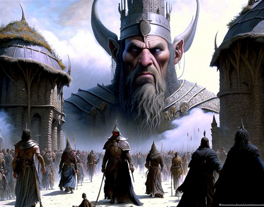 Fantasy artwork: Bearded character in horned helmet leading armored figures towards settlement.