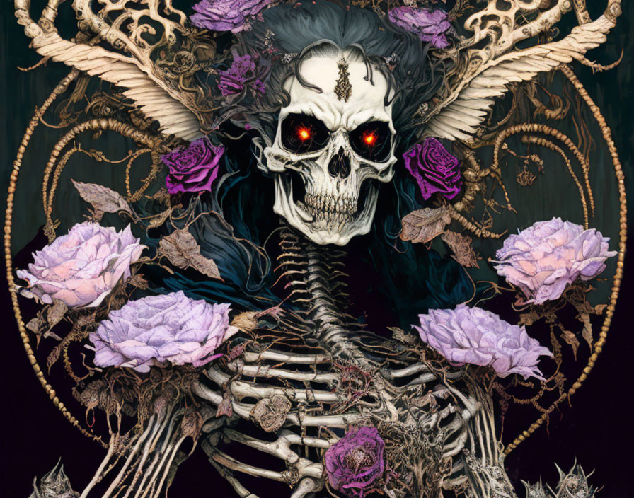 Fantasy skull with red eyes, purple roses, and ornate details on dark background