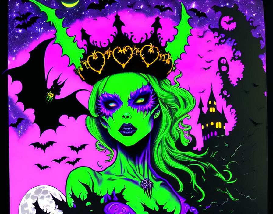 Colorful illustration: Green-skinned woman with bat motifs, crown, and spooky castles on purple