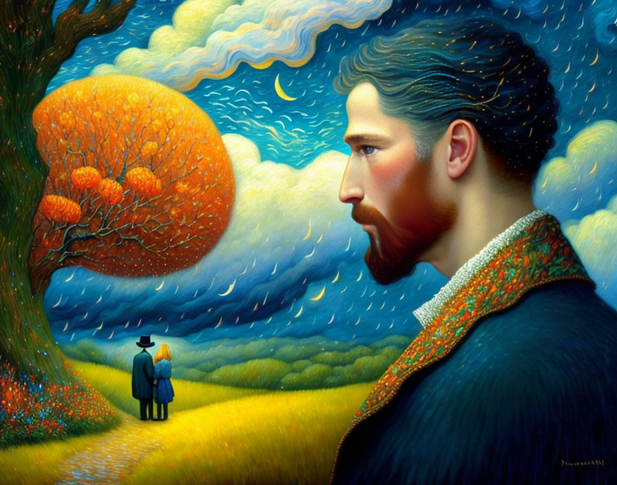 Bearded man in profile with surreal landscape and couple under vibrant orange tree