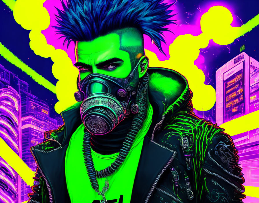 Neon-lit cyberpunk artwork: character with mohawk and gas mask