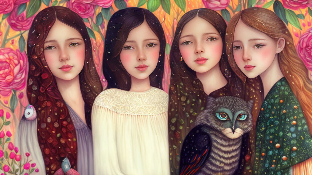 Illustrated Girls with Unique Hairstyles and Outfits Next to Owl on Colorful Floral Background