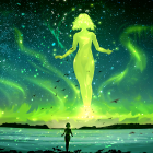 Stylized serene female figures with green hair and marine elements on dark starry background