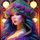 Illustrated portrait of woman with floral headdress and lanterns in warm, rich colors