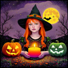 Red-haired witch in black hat surrounded by jack-o'-lanterns, bats, and full moon