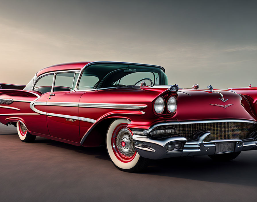 Vintage Red and White Car with Tailfins and Chrome Detailing