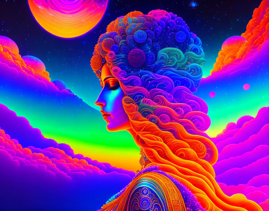 Colorful artwork of woman with intricate hair and cosmic background.