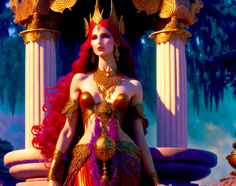 Fantasy queen with red hair and golden crown on throne in magical forest