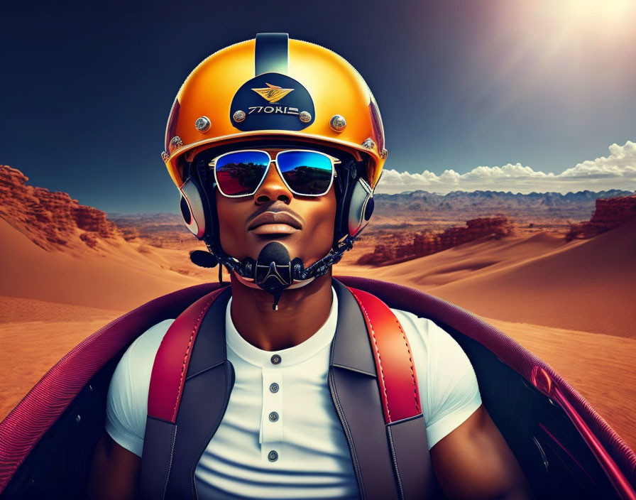 Pilot in helmet and sunglasses in desert landscape