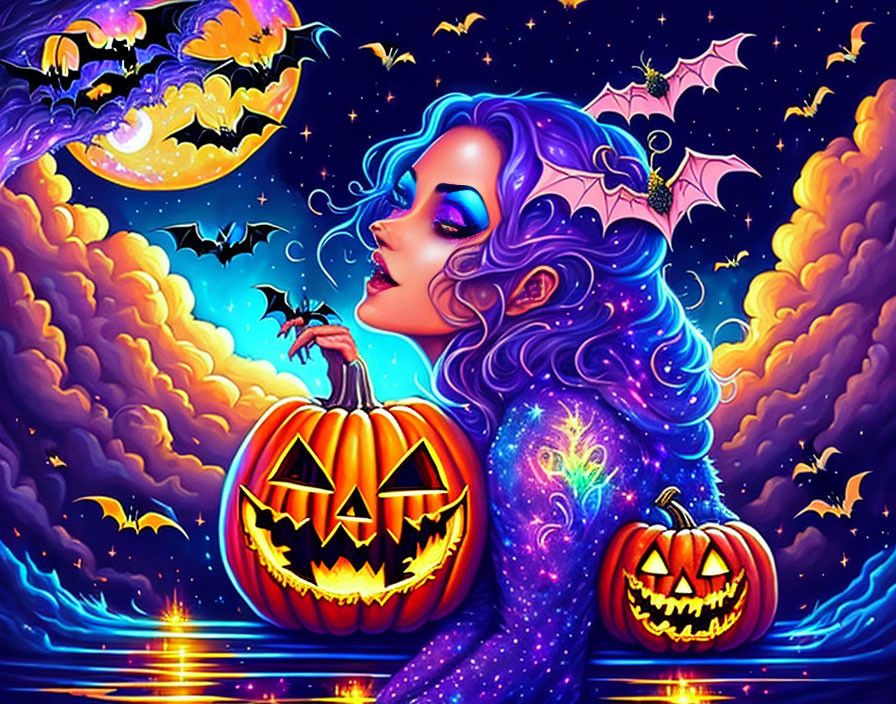 Colorful Illustration of Woman with Purple Hair and Halloween Theme