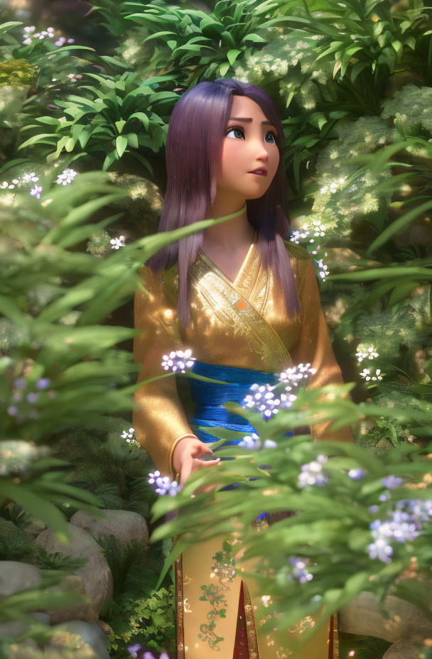 Female animated character with lilac hair in golden outfit in lush garden