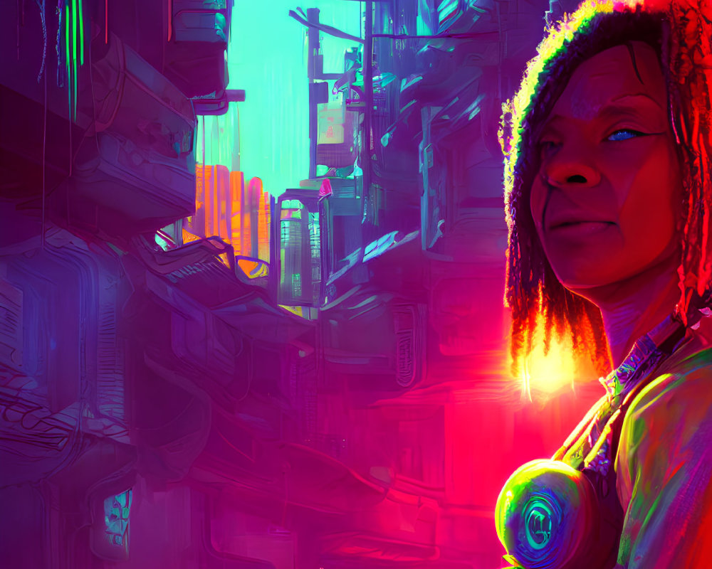 Colorful haired woman in vibrant futuristic cityscape